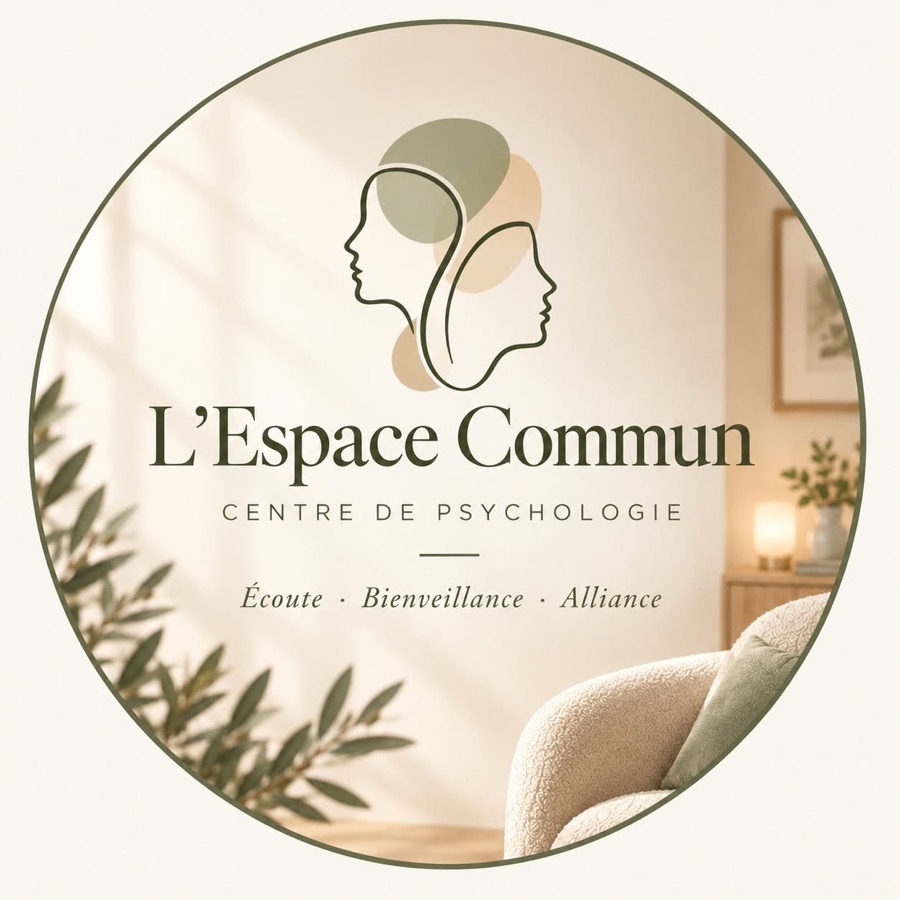 L'Espace Commun, centre de psychologie : logo de deux profils entrelacés devant un salon apaisant. Écoute, bienveillance, alliance.